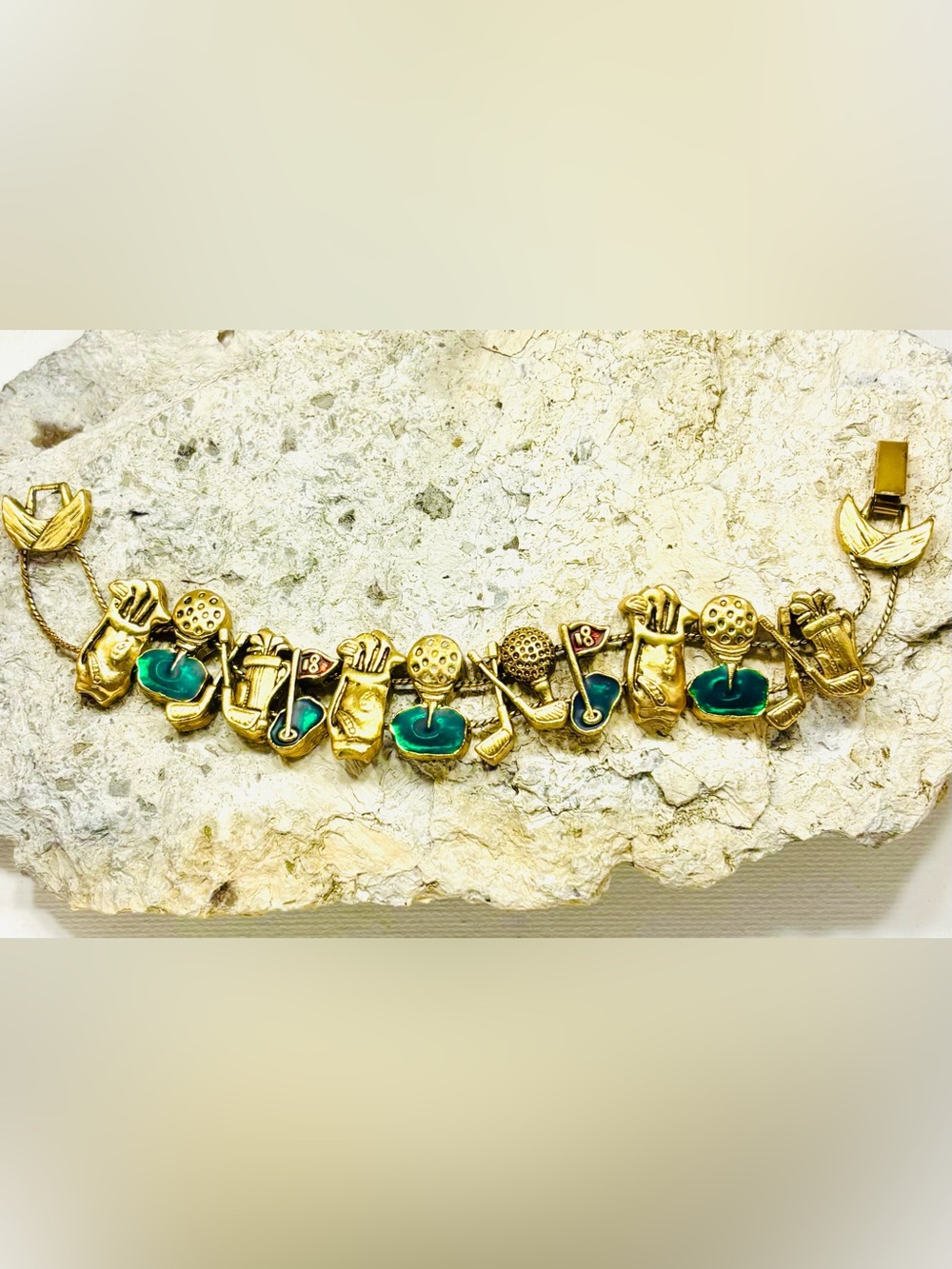Vintage Gold Toned Golfers Charm Slider Bracelet
